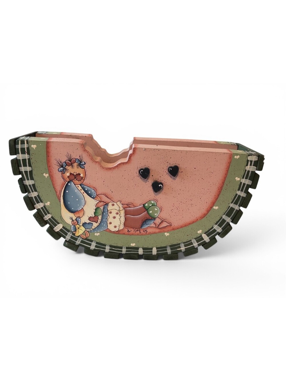 VTG 1993 Hand Painted Wooden Watermelon Napkin Holder Signed Country Folk Art